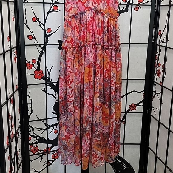 Free People Julianna Maxi Dress Ruffled Tiers V Neck Floral Print Cherry Small - Picture 4 of 13